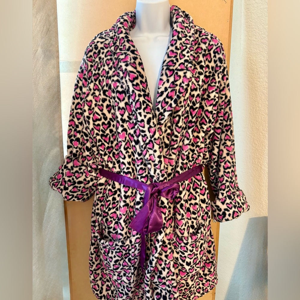 Leopard Hearts Print Embroidered Bathrobe Satin Tie Up Sz Medium, Large